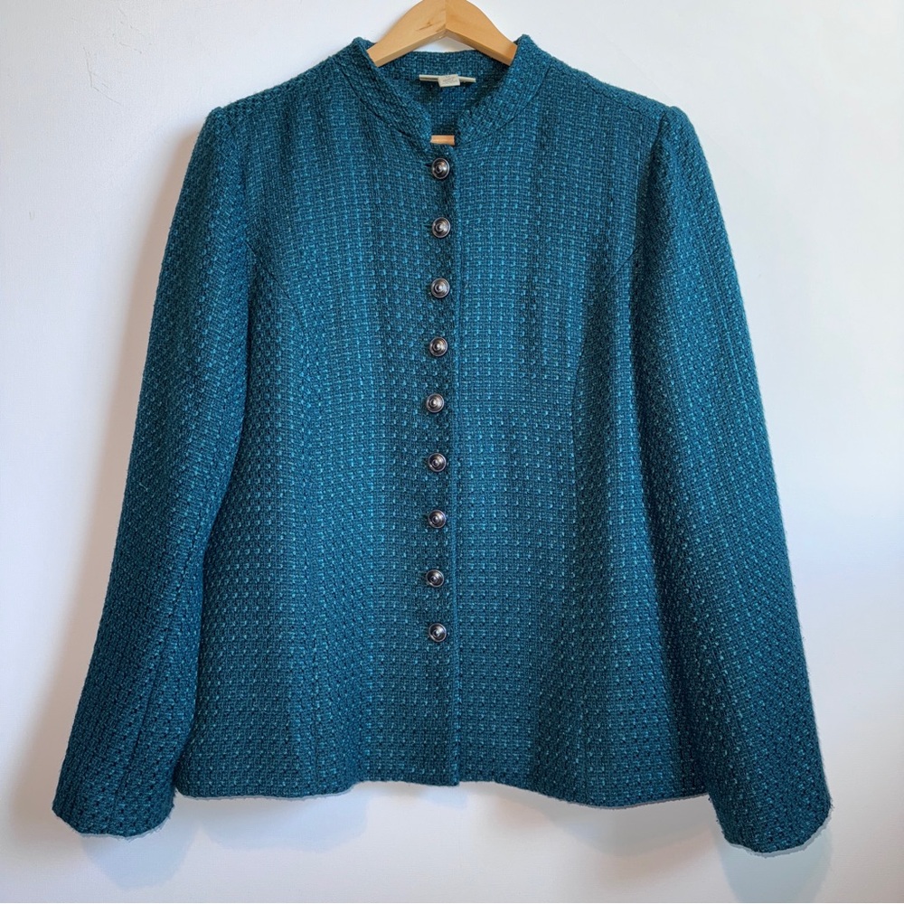Appleseed's Vintage Button Front Tweed Jacket Teal Green Size 12 Collarless